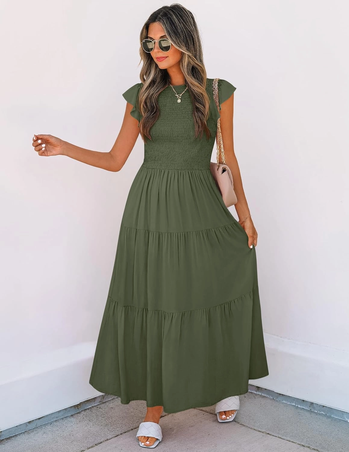 ZESICA Women's 2025 Summer Casual Flutter Short Sleeve Crew Neck Smocked Elastic Waist Tiered Midi Dress