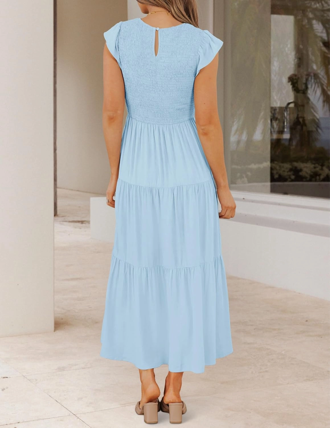 ZESICA Women's 2025 Summer Casual Flutter Short Sleeve Crew Neck Smocked Elastic Waist Tiered Midi Dress