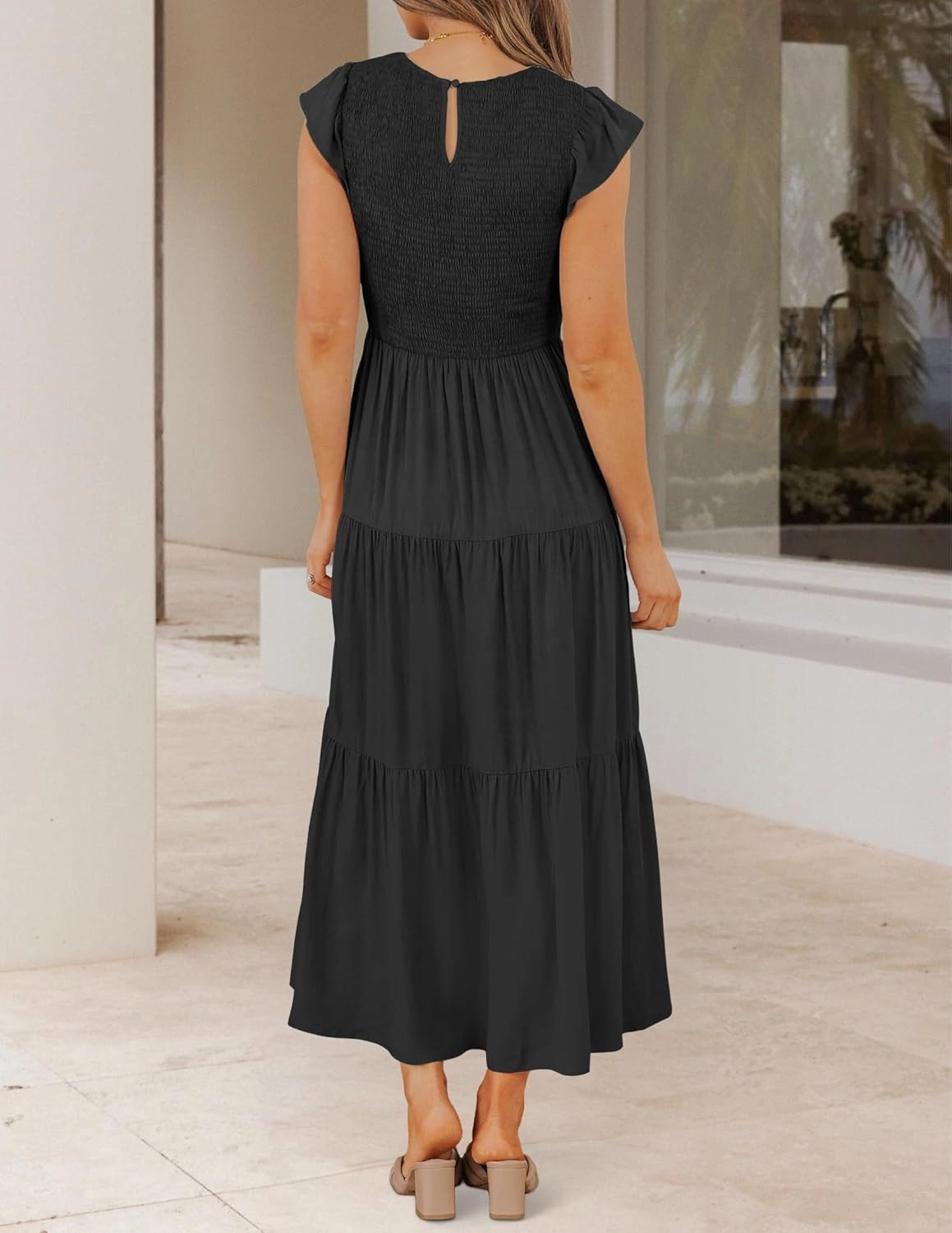 ZESICA Women's 2025 Summer Casual Flutter Short Sleeve Crew Neck Smocked Elastic Waist Tiered Midi Dress