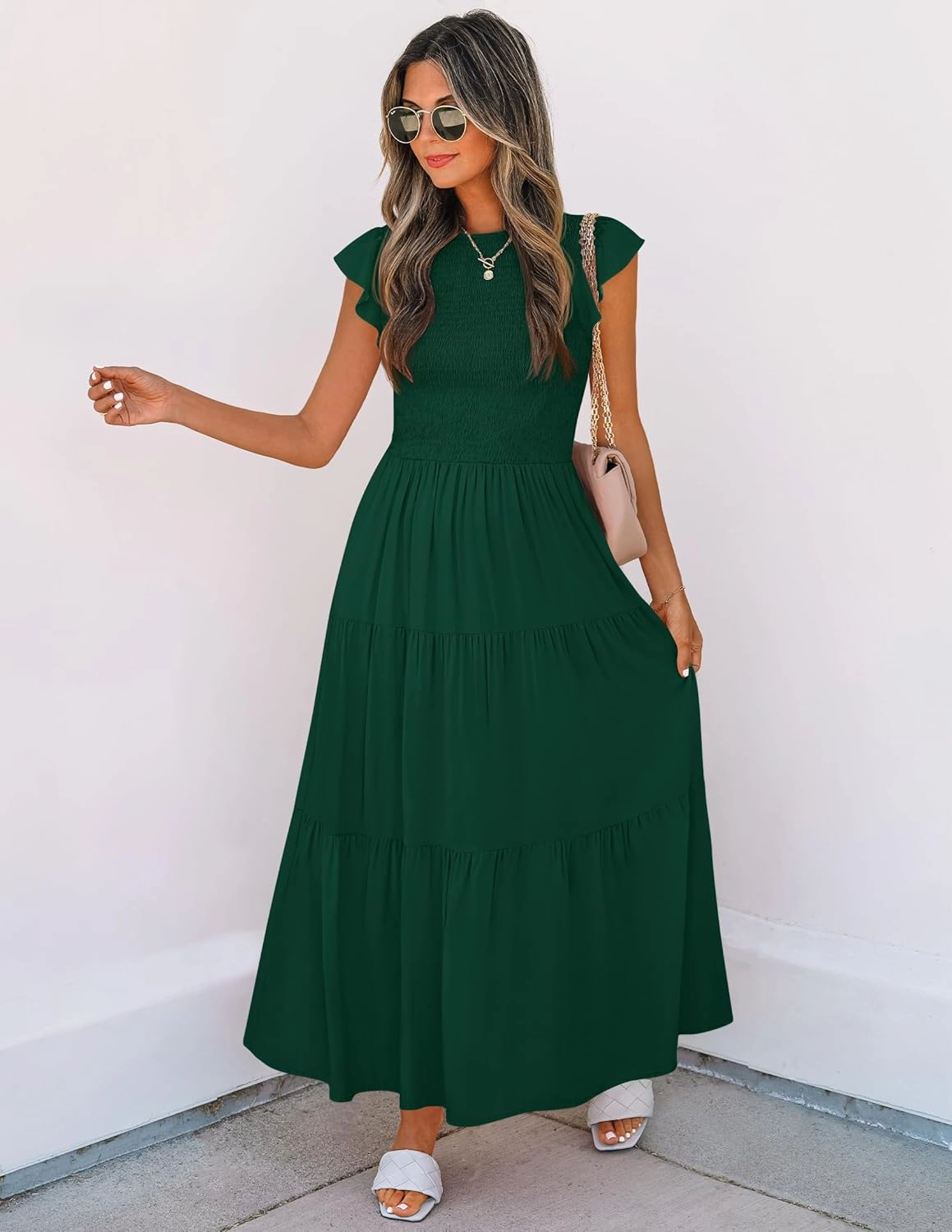 ZESICA Women's 2025 Summer Casual Flutter Short Sleeve Crew Neck Smocked Elastic Waist Tiered Midi Dress