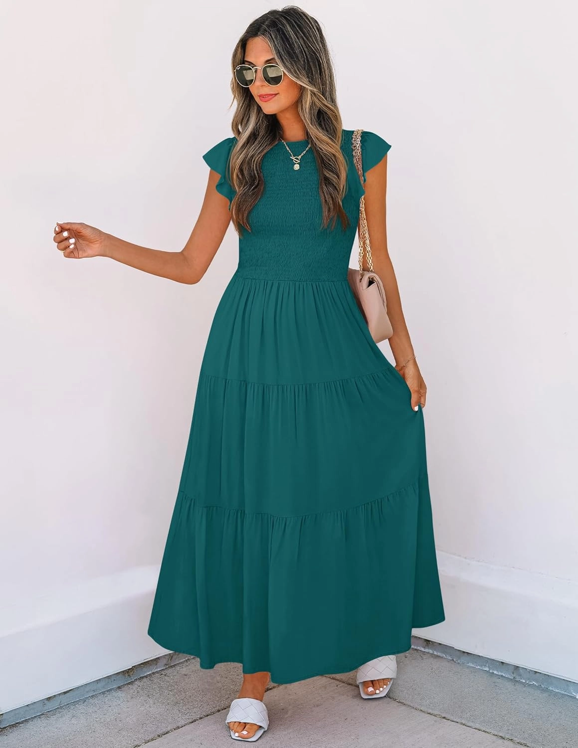 ZESICA Women's 2025 Summer Casual Flutter Short Sleeve Crew Neck Smocked Elastic Waist Tiered Midi Dress