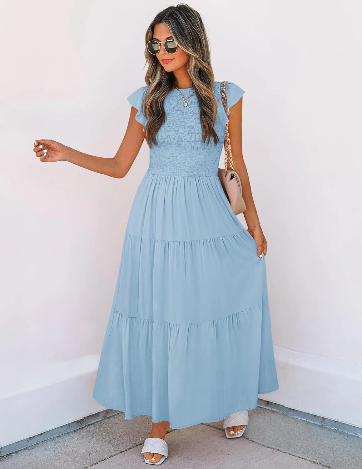 ZESICA Women's 2025 Summer Casual Flutter Short Sleeve Crew Neck Smocked Elastic Waist Tiered Midi Dress