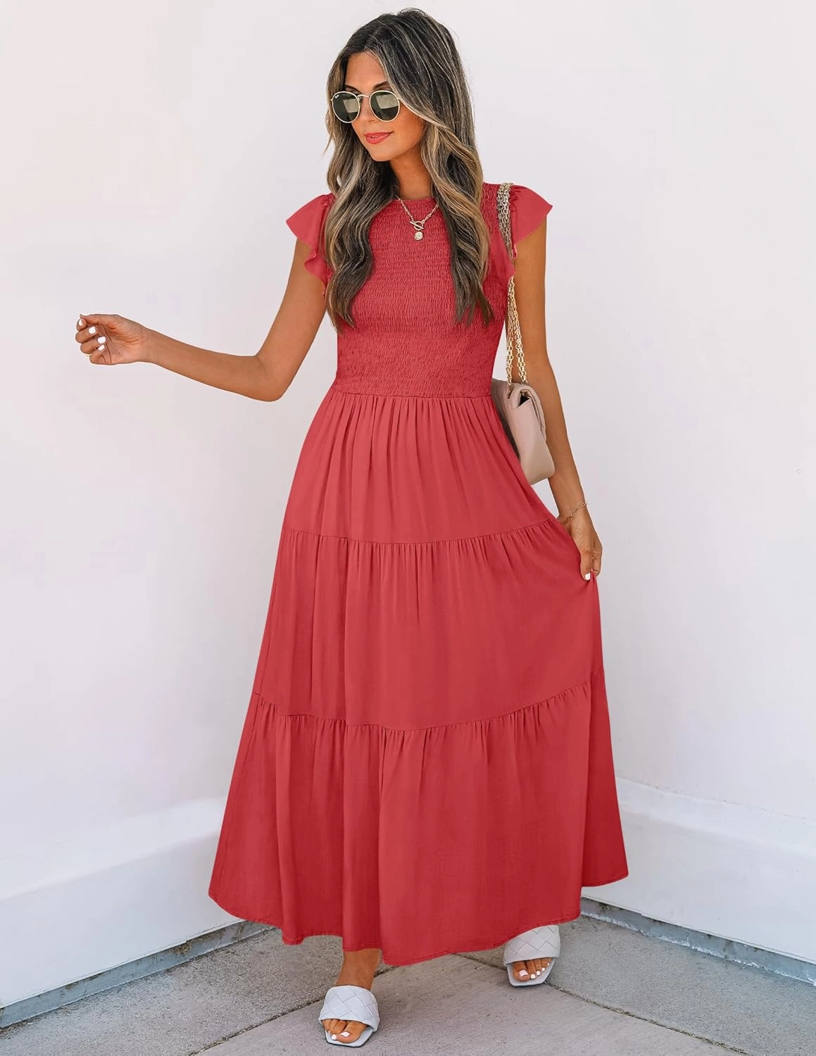 ZESICA Women's 2025 Summer Casual Flutter Short Sleeve Crew Neck Smocked Elastic Waist Tiered Midi Dress