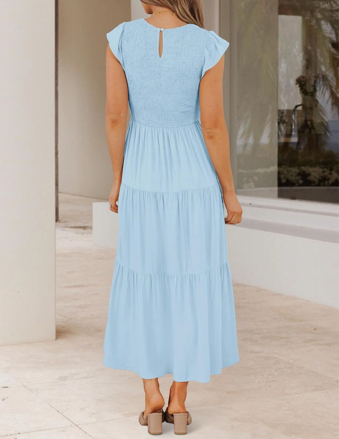 ZESICA Women's 2025 Summer Casual Flutter Short Sleeve Crew Neck Smocked Elastic Waist Tiered Midi Dress