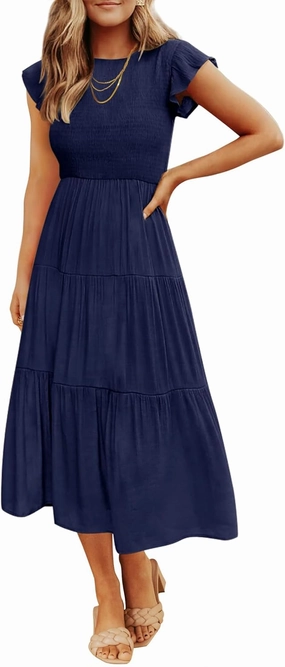 ZESICA Women's 2025 Summer Casual Flutter Short Sleeve Crew Neck Smocked Elastic Waist Tiered Midi Dress