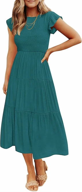 ZESICA Women's 2025 Summer Casual Flutter Short Sleeve Crew Neck Smocked Elastic Waist Tiered Midi Dress