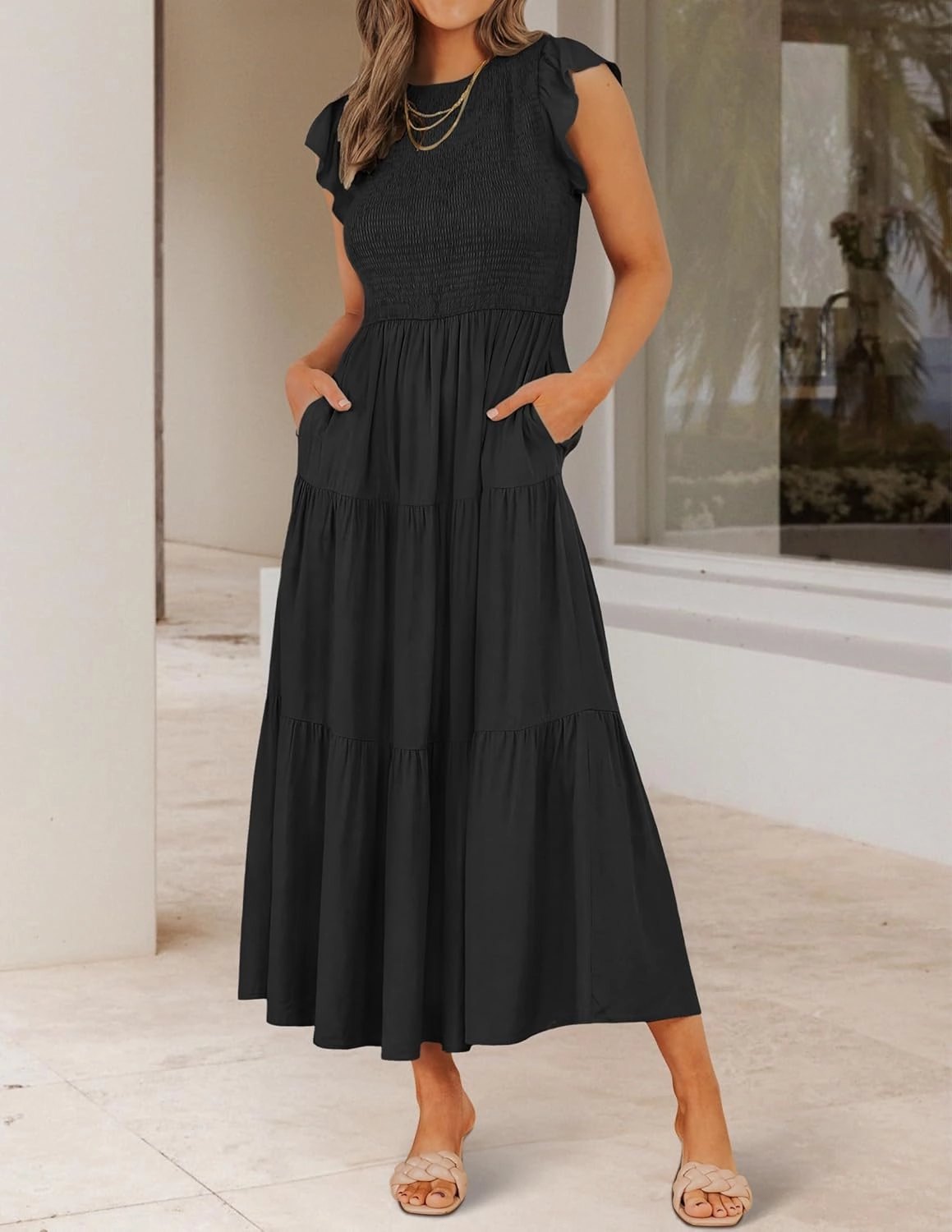 ZESICA Women's 2025 Summer Casual Flutter Short Sleeve Crew Neck Smocked Elastic Waist Tiered Midi Dress