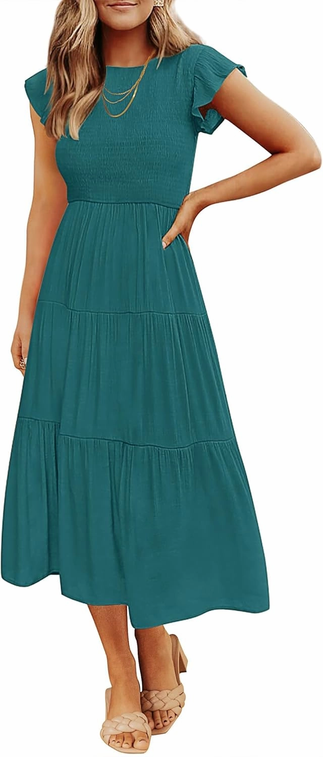 ZESICA Women's 2025 Summer Casual Flutter Short Sleeve Crew Neck Smocked Elastic Waist Tiered Midi Dress