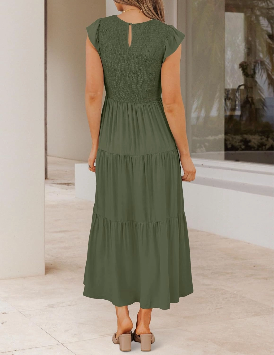 ZESICA Women's 2025 Summer Casual Flutter Short Sleeve Crew Neck Smocked Elastic Waist Tiered Midi Dress
