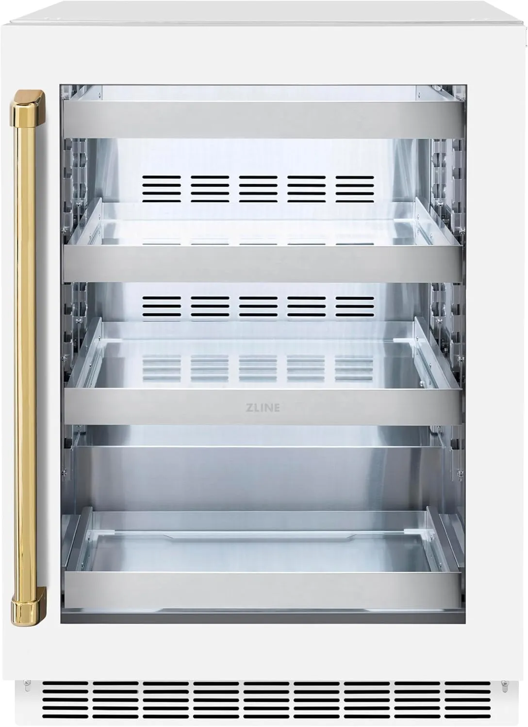 ZLINE Autograph Edition 24 in. Touchstone 151 Can Beverage Fridge With White Matte Glass Door And Polished Gold Handle (RBSOZ-WM-24-G)