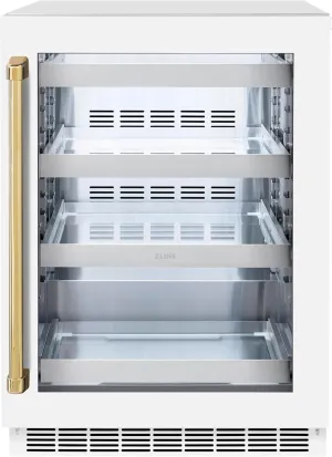 ZLINE Autograph Edition 24 in. Touchstone 151 Can Beverage Fridge With White Matte Glass Door And Polished Gold Handle (RBSOZ-WM-24-G)