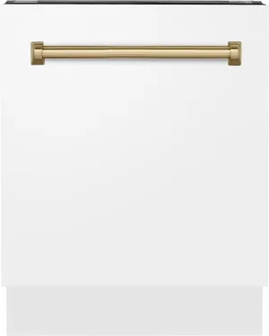 ZLINE Autograph Edition 24" 3rd Rack Top Control Tall Tub Dishwasher in White Matte with Champagne Bronze Handle, 51dBa (DWVZ-WM-24-CB)