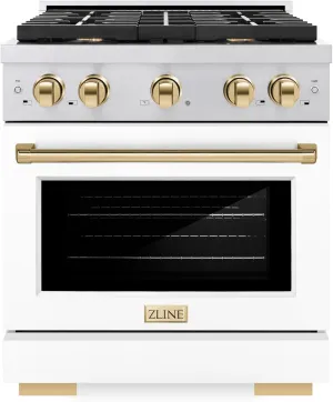 ZLINE Autograph Edition 30 in. 4.2 cu. ft. Paramount Gas Range with 4 Burner Cooktop and Convection Gas Oven in Stainless Steel with White Matte Door and Polished Gold Accents (SGRZ-WM-30-G)