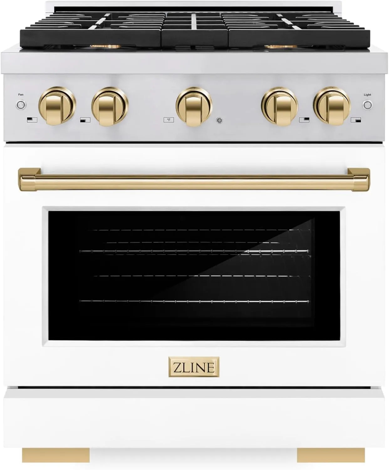 ZLINE Autograph Edition 30 in. 4.2 cu. ft. Paramount Gas Range with 4 Burner Cooktop and Convection Gas Oven in Stainless Steel with White Matte Door and Polished Gold Accents (SGRZ-WM-30-G)