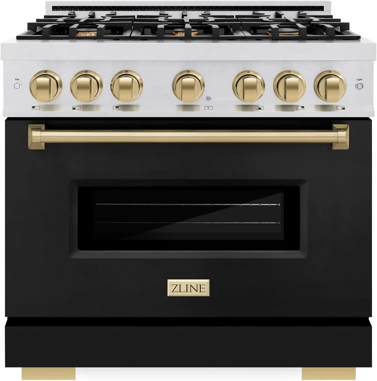ZLINE Autograph Edition 36 in. 5.2 cu. ft. Classic Gas Range with 6 Burner Cooktop and Convection Gas Oven in Satin Stainless Steel with Black Matte Door and Champagne Bronze Accents (CGRSZ-BLM-36-CB)