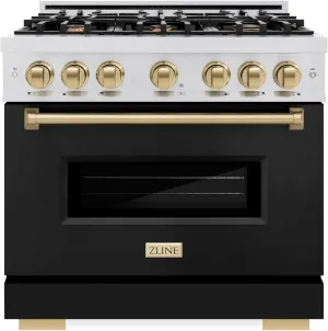 ZLINE Autograph Edition 36 in. 5.2 cu. ft. Classic Gas Range with 6 Burner Cooktop and Convection Gas Oven in Satin Stainless Steel with Black Matte Door and Champagne Bronze Accents (CGRSZ-BLM-36-CB)