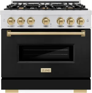 ZLINE Autograph Edition 36 in. 5.2 cu. ft. Classic Gas Range with 6 Burner Cooktop and Convection Gas Oven in Stainless Steel with Black Matte Door and Champagne Bronze Accents (CGRZ-BLM-36-CB)