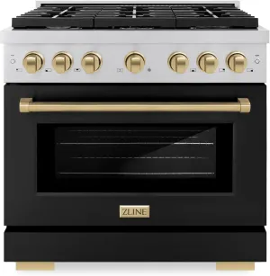 ZLINE Autograph Edition 36 in. 5.2 cu. ft. Paramount Gas Range with 6 Burner Cooktop and Convection Gas Oven in Stainless Steel with Black Matte Door and Champagne Bronze Accents (SGRZ-BLM-36-CB)
