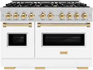 ZLINE Autograph Edition 48 in. 6.7 cu. ft. Classic Double Oven Gas Range with 8 Burner Cooktop in Satin Stainless Steel with White Matte Doors and Polished Gold Accents (CGRSZ-WM-48-G)