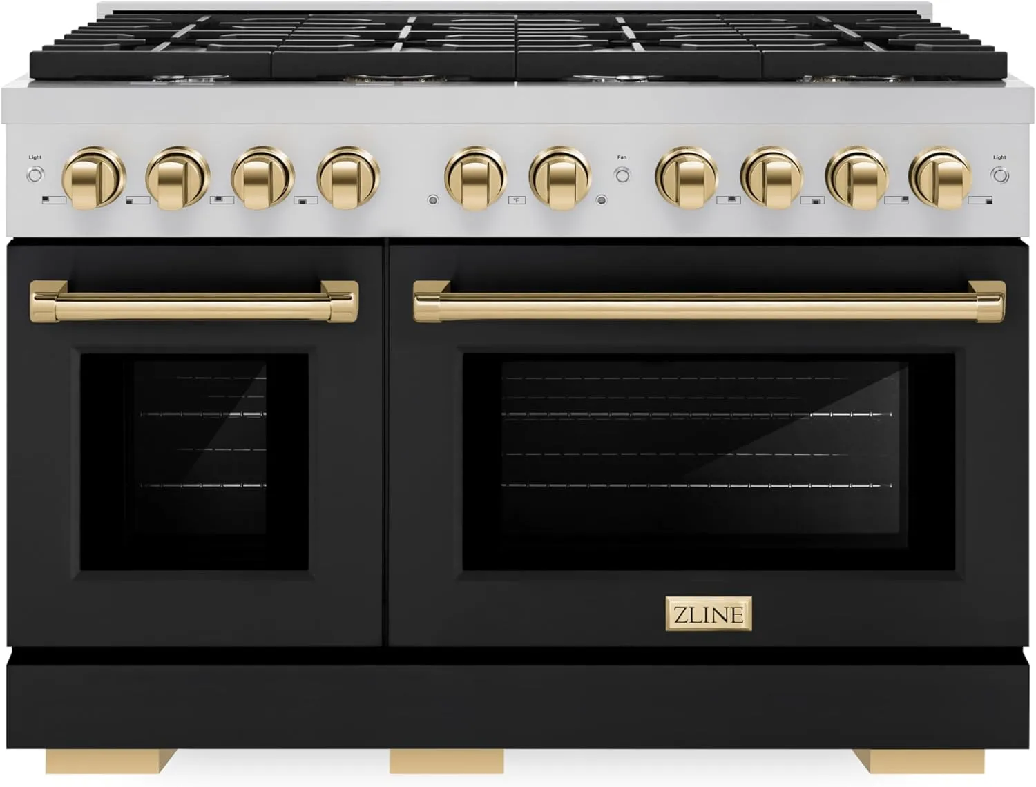 ZLINE Autograph Edition 48 in. 6.7 cu. ft. Paramount Double Oven Dual Fuel Range with 8 Burner Gas Cooktop in Stainless Steel with Black Matte Door and Polished Gold Accents (SDRZ-BLM-48-G)