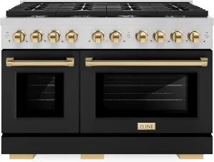 ZLINE Autograph Edition 48 in. 6.7 cu. ft. Paramount Double Oven Dual Fuel Range with 8 Burner Gas Cooktop in Stainless Steel with Black Matte Door and Polished Gold Accents (SDRZ-BLM-48-G)