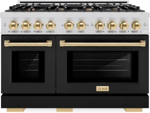 ZLINE Autograph Edition 48 in. 6.7 cu. ft. Select Double Oven Dual Fuel Range with 8 Burner Gas Cooktop in Stainless Steel with Black Matte Doors and Polished Gold Accents (HDRZ-BLM-48-G)
