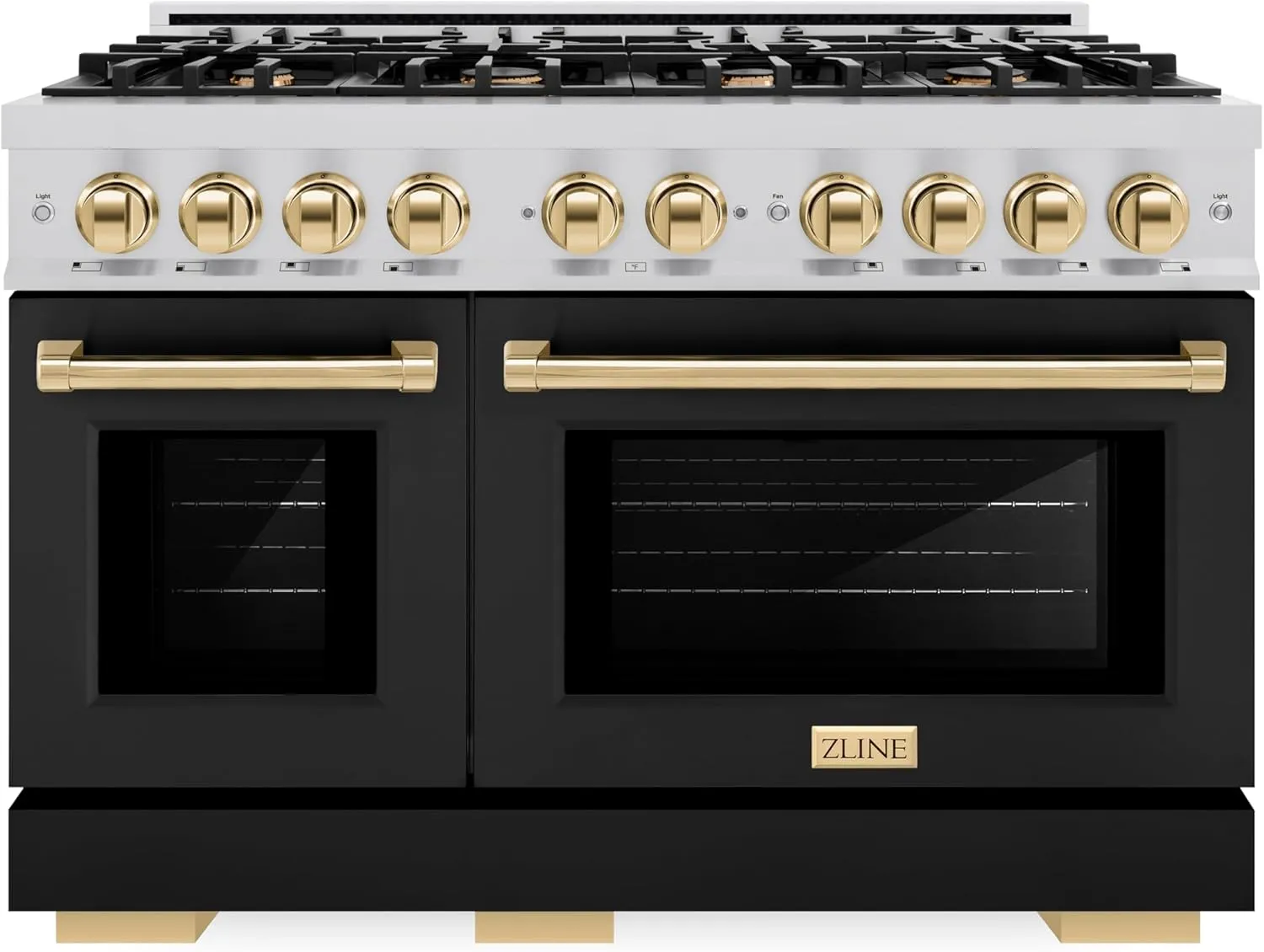 ZLINE Autograph Edition 48 in. 6.7 cu. ft. Select Double Oven Dual Fuel Range with 8 Burner Gas Cooktop in Stainless Steel with Black Matte Doors and Polished Gold Accents (HDRZ-BLM-48-G)