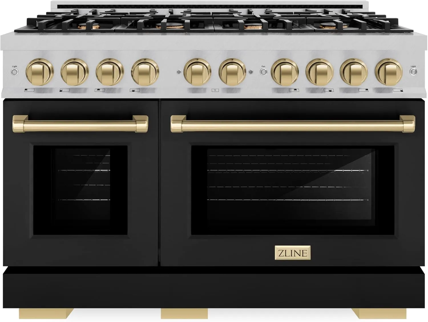 ZLINE Autograph Edition 48 in. 6.7 cu. ft. Select Double Oven Gas Range with 8 Burner Cooktop in Satin Stainless Steel with Black Matte Doors and Champagne Bronze Accents (HGRSZ-BLM-48-CB)