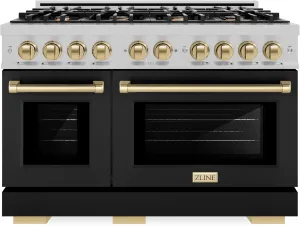ZLINE Autograph Edition 48 in. 6.7 cu. ft. Select Double Oven Gas Range with 8 Burner Cooktop in Satin Stainless Steel with Black Matte Doors and Champagne Bronze Accents (HGRSZ-BLM-48-CB)