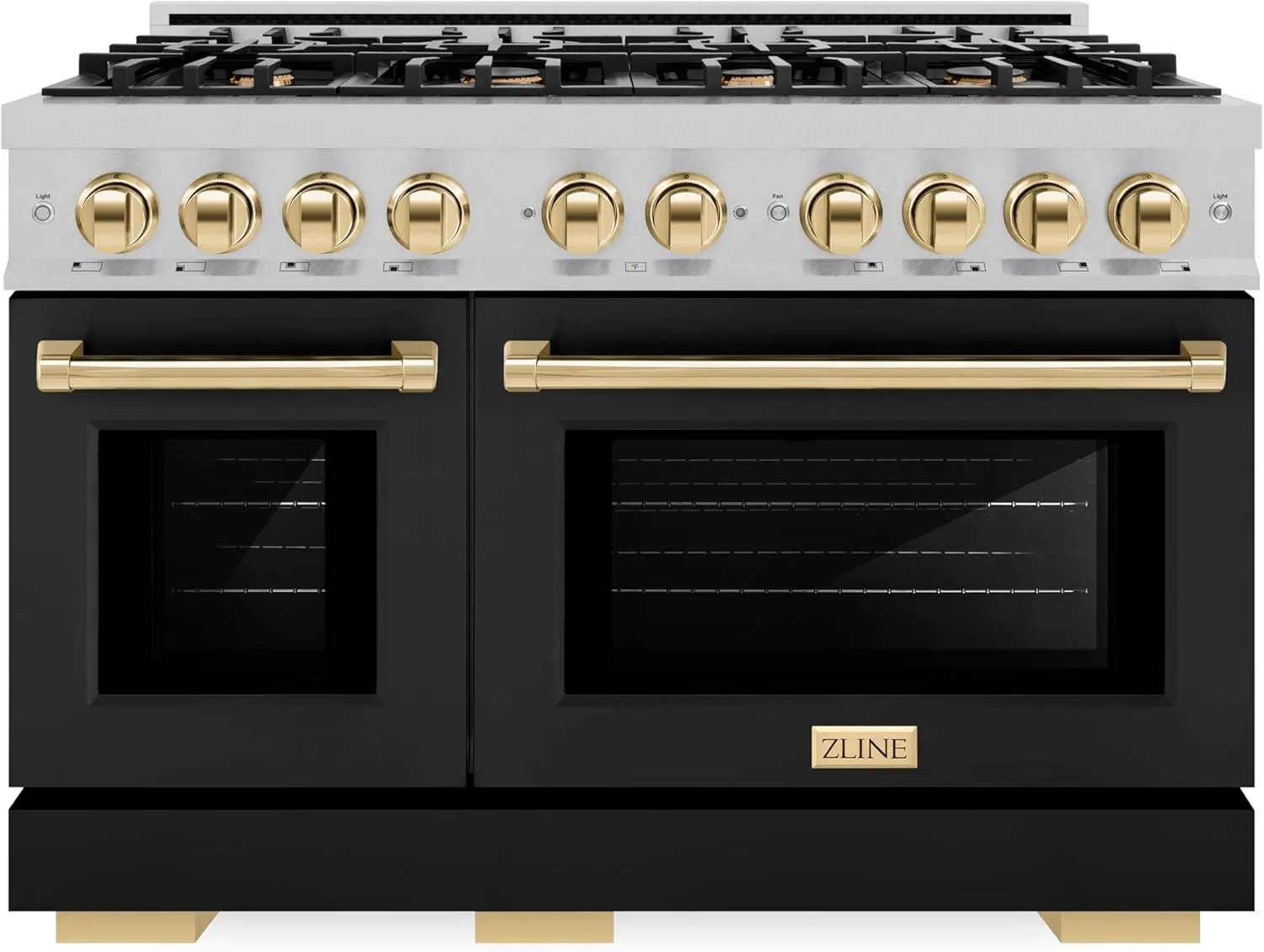 ZLINE Autograph Edition 48 in. 6.7 cu. ft. Select Double Oven Gas Range with 8 Burner Cooktop in Satin Stainless Steel with Black Matte Doors and Polished Gold Accents (HGRSZ-BLM-48-G)