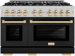 ZLINE Autograph Edition 48 in. 6.7 cu. ft. Select Double Oven Gas Range with 8 Burner Cooktop in Satin Stainless Steel with Black Matte Doors and Polished Gold Accents (HGRSZ-BLM-48-G)