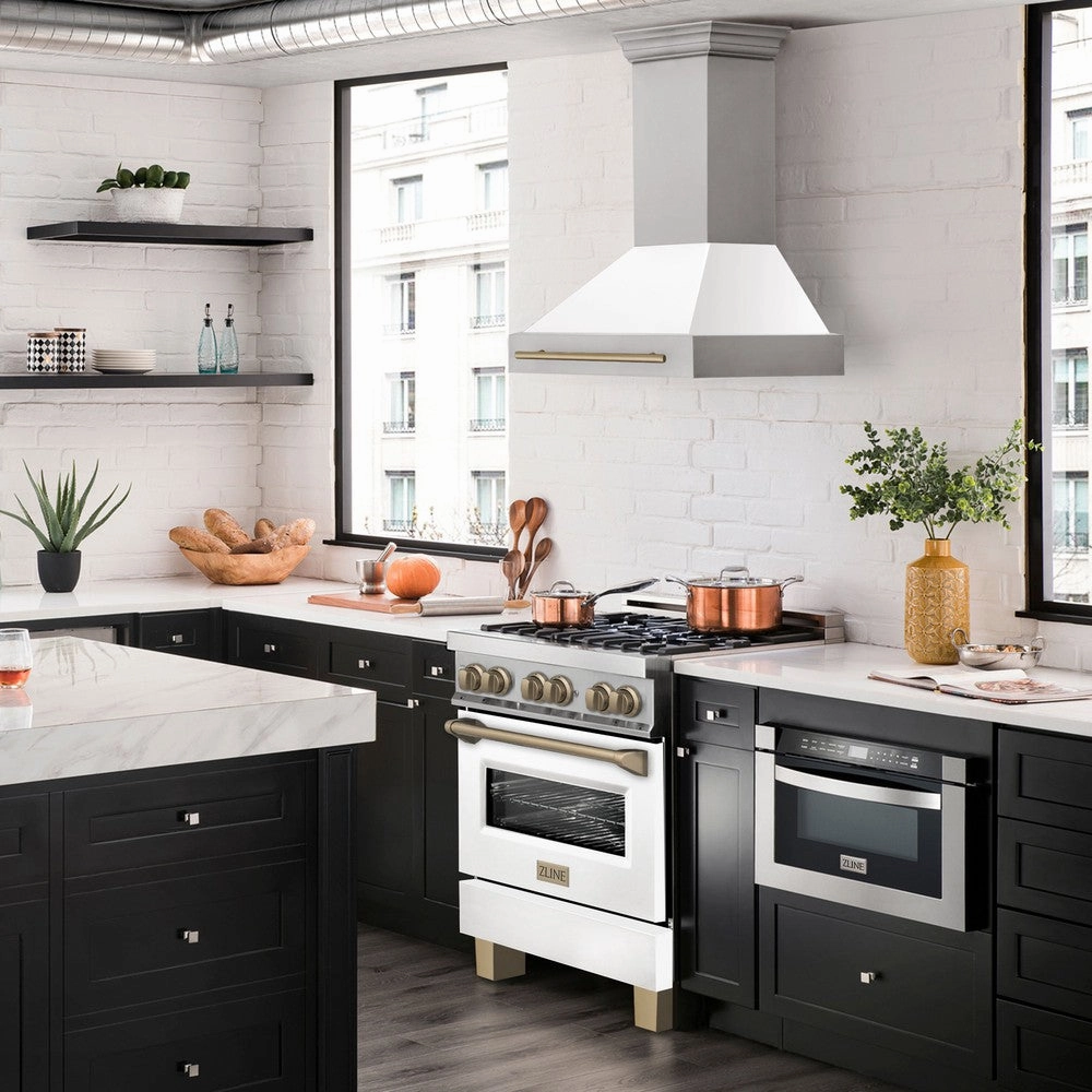 ZLINE Autograph Edition 30 in. 4.0 cu. ft. Legacy Dual Fuel Range with 4 Burner Gas Cooktop and Electric Convection Oven in Stainless Steel with White Matte Door and Champagne Bronze Accents (RAZ-WM-30-CB)