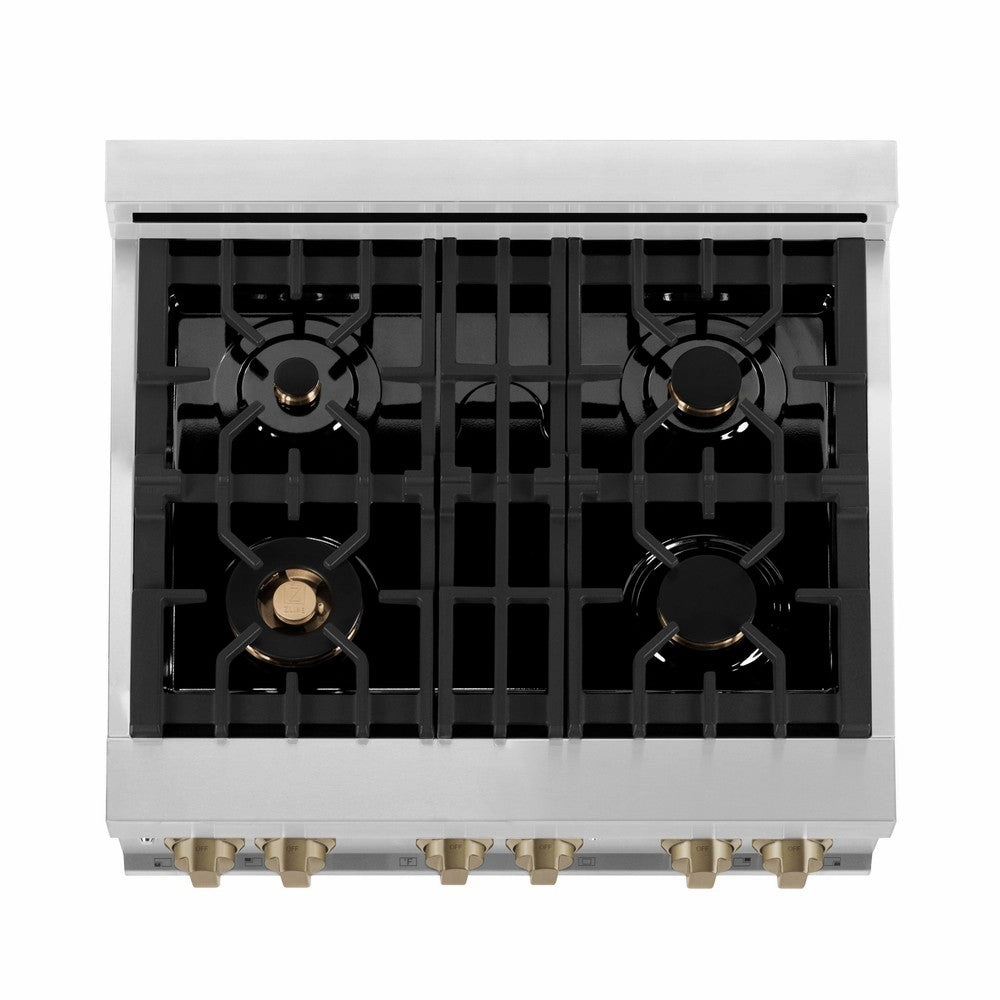 ZLINE Autograph Edition 30 in. 4.0 cu. ft. Legacy Dual Fuel Range with 4 Burner Gas Cooktop and Electric Convection Oven in Stainless Steel with White Matte Door and Champagne Bronze Accents (RAZ-WM-30-CB)