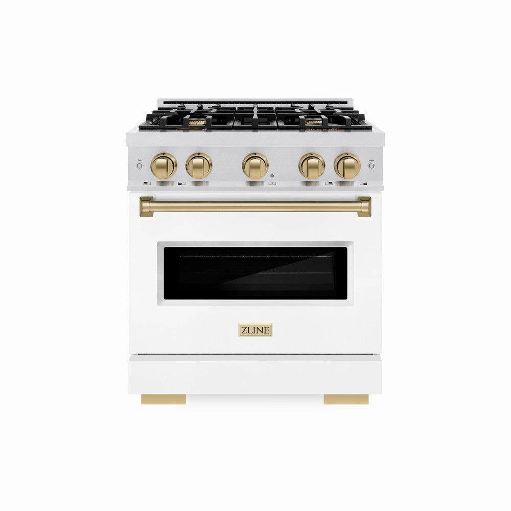 ZLINE Autograph Edition 30 in. 4.2 cu. ft. Classic Gas Range with 4 Burner Cooktop and Convection Gas Oven in DuraSnow® Stainless Steel with White Matte Door and Champagne Bronze Accents (CGRSZ-WM-30-CB)