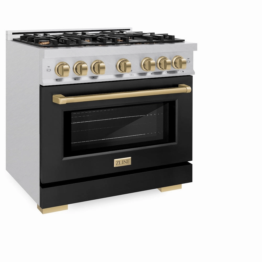 ZLINE Autograph Edition 36 in. 5.2 cu. ft. Select Dual Fuel Range with 6 Burner Gas Cooktop and Electric Convection Oven in DuraSnow® Stainless Steel with Black Matte Door and Champagne Bronze Accents (HDRSZ-BLM-36-CB)