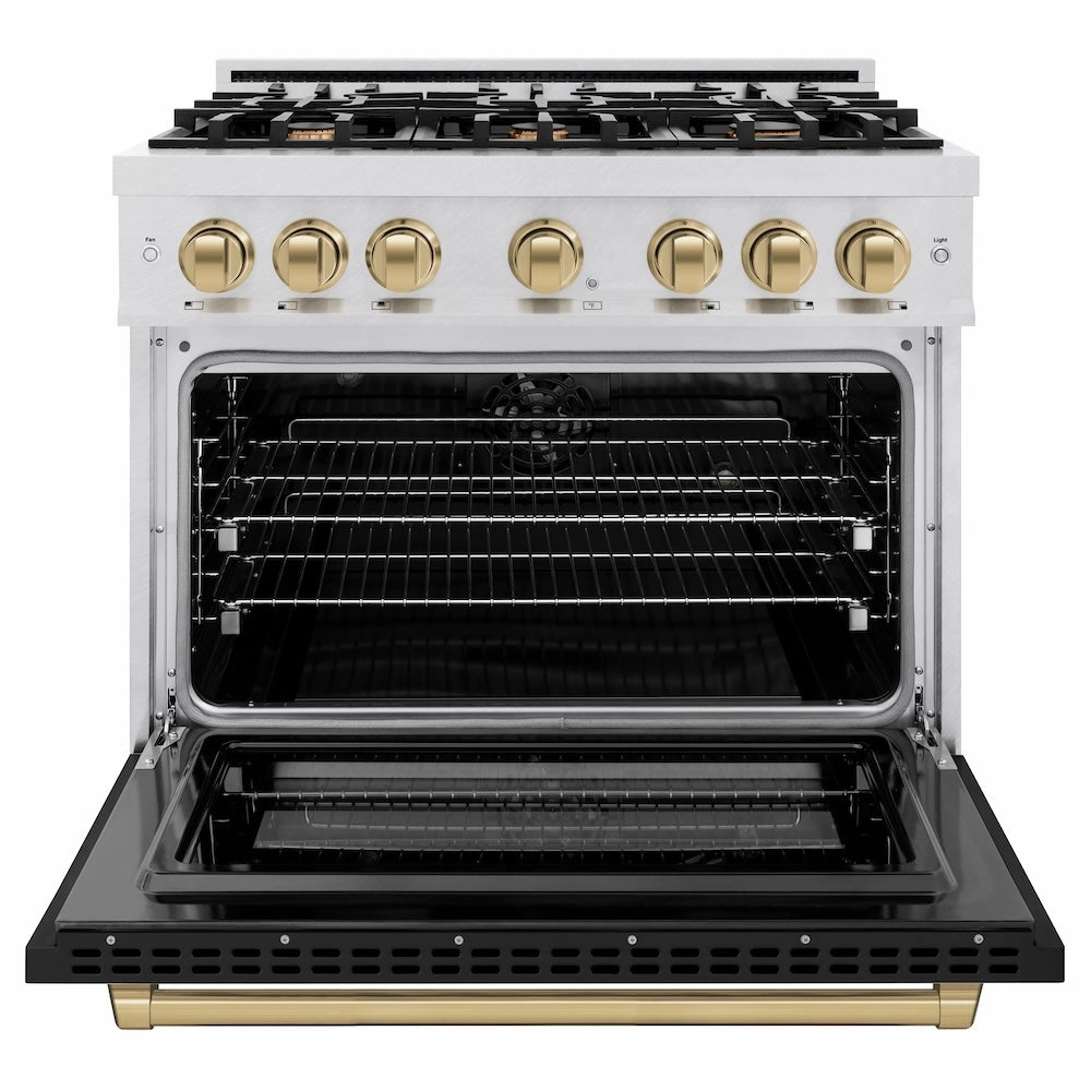 ZLINE Autograph Edition 36 in. 5.2 cu. ft. Select Dual Fuel Range with 6 Burner Gas Cooktop and Electric Convection Oven in DuraSnow® Stainless Steel with Black Matte Door and Champagne Bronze Accents (HDRSZ-BLM-36-CB)