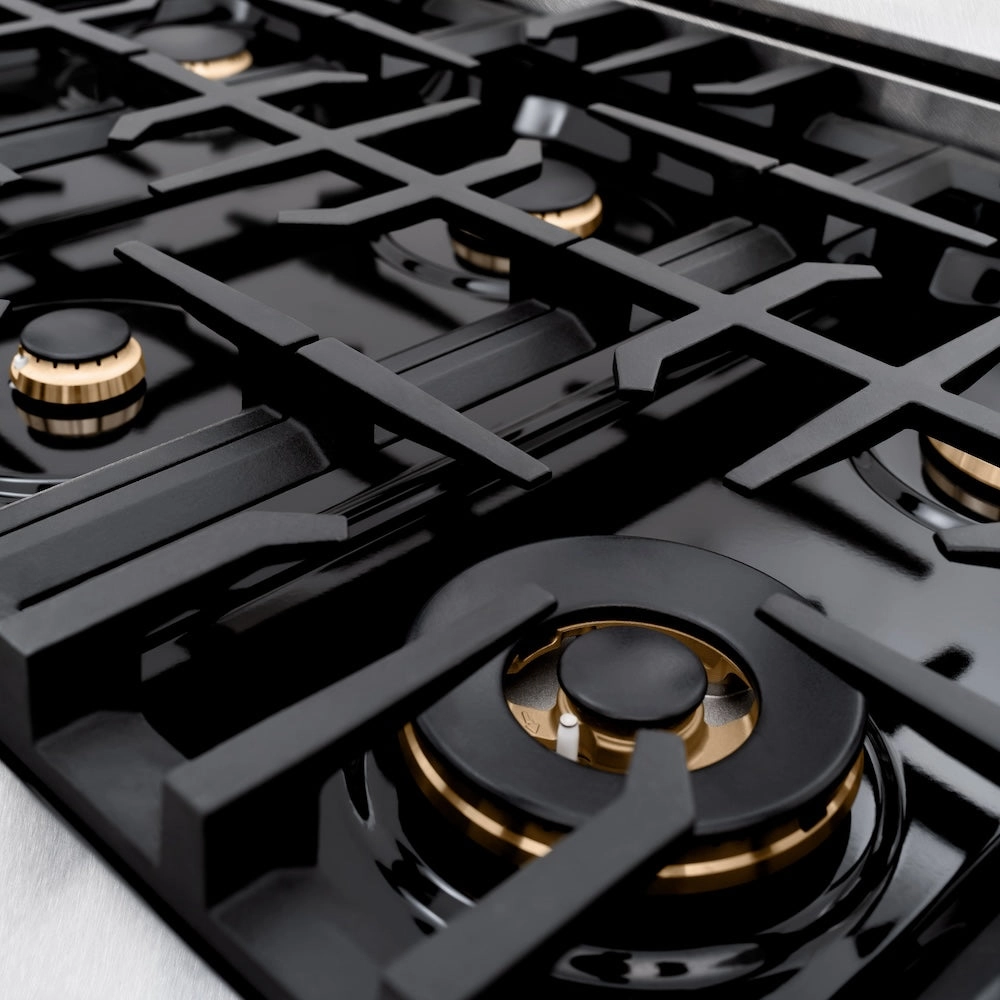ZLINE Autograph Edition 36 in. 5.2 cu. ft. Select Dual Fuel Range with 6 Burner Gas Cooktop and Electric Convection Oven in DuraSnow® Stainless Steel with Black Matte Door and Champagne Bronze Accents (HDRSZ-BLM-36-CB)