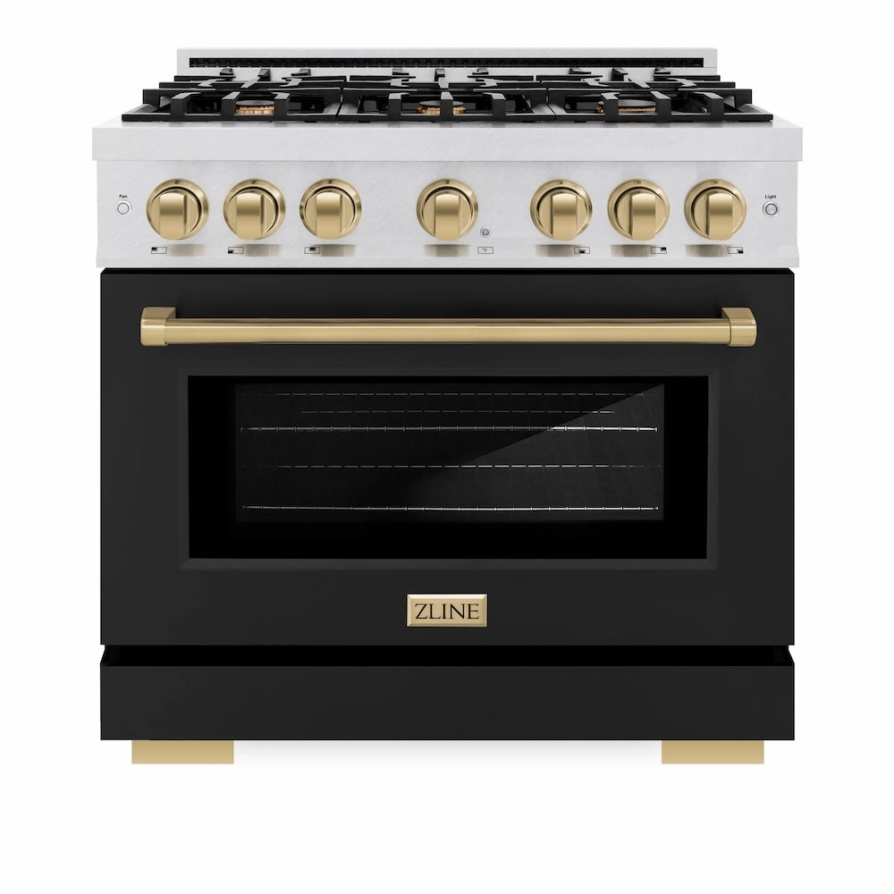 ZLINE Autograph Edition 36 in. 5.2 cu. ft. Select Gas Range with 6 Burner Cooktop and Convection Gas Oven in DuraSnow® Stainless Steel with Black Matte Door and Champagne Bronze Accents (HGRSZ-BLM-36-CB)