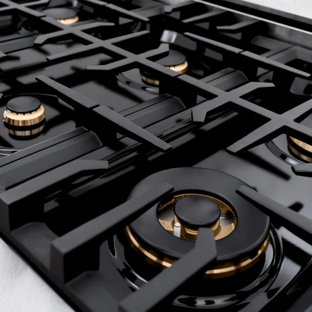 ZLINE Autograph Edition 36 in. 5.2 cu. ft. Select Gas Range with 6 Burner Cooktop and Convection Gas Oven in DuraSnow® Stainless Steel with Black Matte Door and Champagne Bronze Accents (HGRSZ-BLM-36-CB)