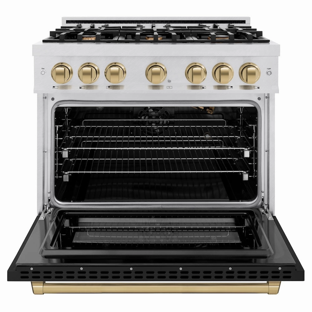 ZLINE Autograph Edition 36 in. 5.2 cu. ft. Select Gas Range with 6 Burner Cooktop and Convection Gas Oven in DuraSnow® Stainless Steel with Black Matte Door and Champagne Bronze Accents (HGRSZ-BLM-36-CB)