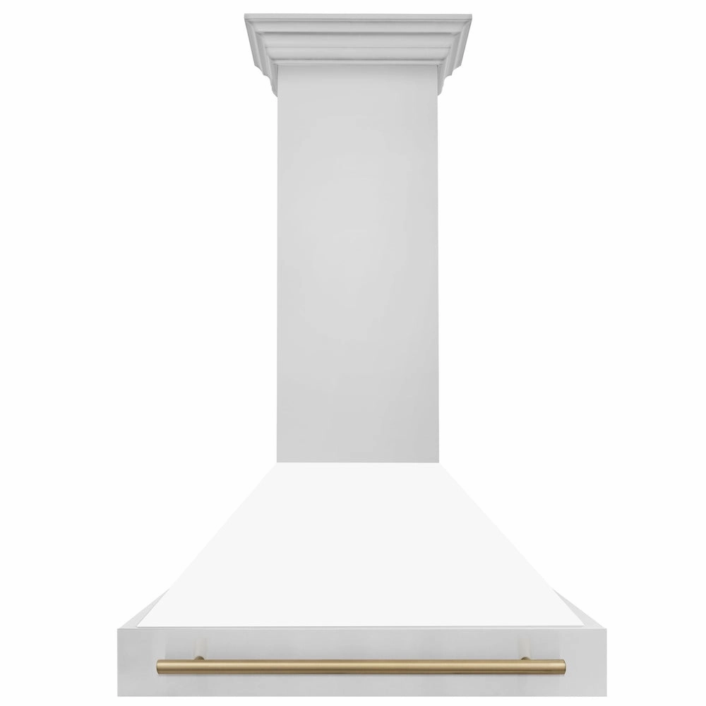 ZLINE Autograph Edition 36 in. Kitchen Package with Stainless Steel Dual Fuel Range with White Matte Door, Range Hood and Dishwasher with Champagne Bronze Accents (3AKP-RAWMRHDWM36-CB)