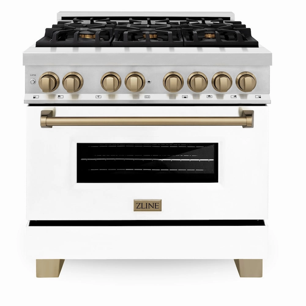 ZLINE Autograph Edition 36 in. Kitchen Package with Stainless Steel Dual Fuel Range with White Matte Door, Range Hood and Dishwasher with Champagne Bronze Accents (3AKP-RAWMRHDWM36-CB)