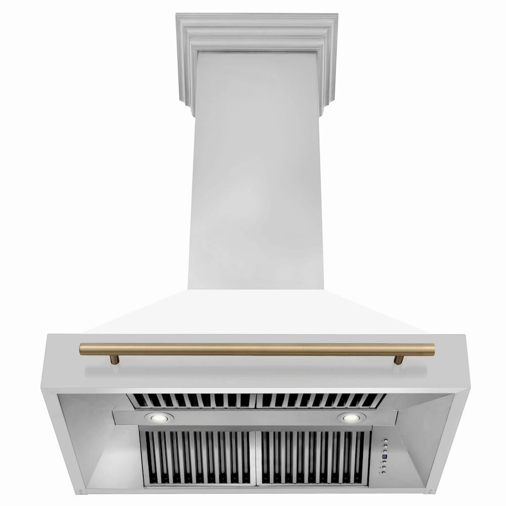ZLINE Autograph Edition 36 in. Kitchen Package with Stainless Steel Dual Fuel Range with White Matte Door, Range Hood and Dishwasher with Champagne Bronze Accents (3AKP-RAWMRHDWM36-CB)
