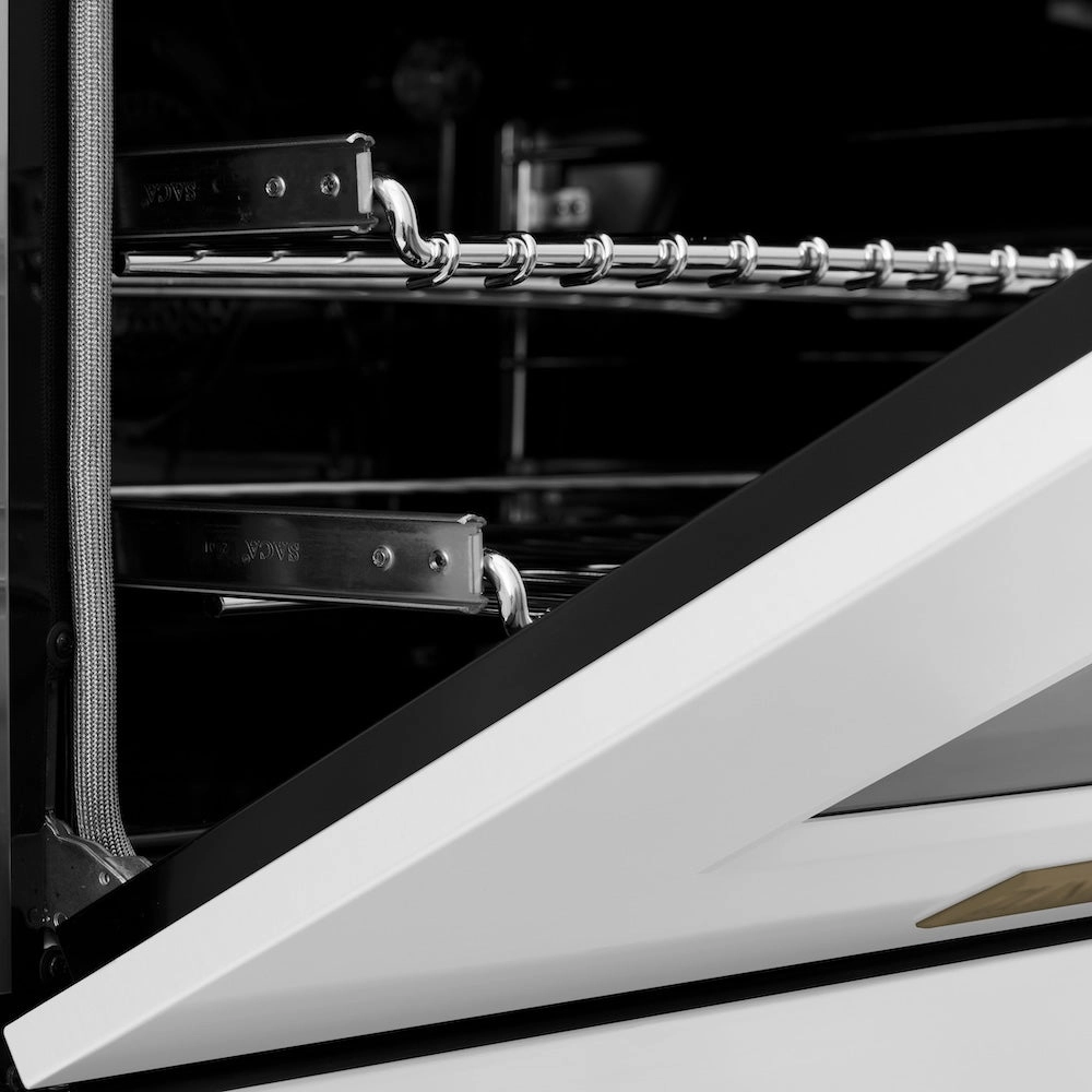 ZLINE Autograph Edition 36 in. Kitchen Package with Stainless Steel Dual Fuel Range with White Matte Door, Range Hood and Dishwasher with Champagne Bronze Accents (3AKP-RAWMRHDWM36-CB)