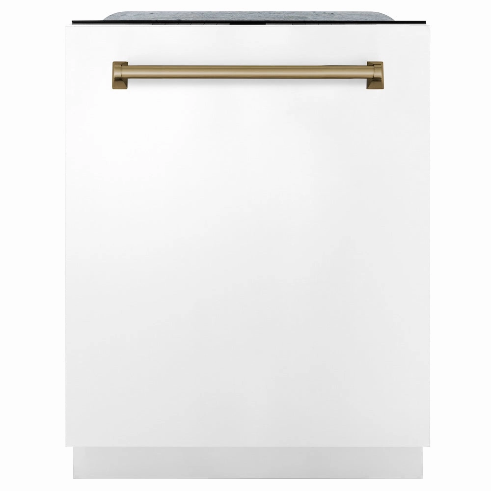 ZLINE Autograph Edition 36 in. Kitchen Package with Stainless Steel Dual Fuel Range with White Matte Door, Range Hood and Dishwasher with Champagne Bronze Accents (3AKP-RAWMRHDWM36-CB)
