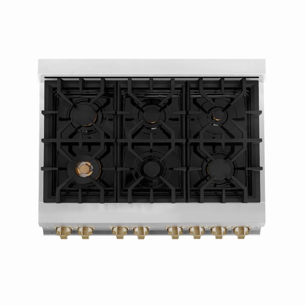 ZLINE Autograph Edition 36 in. Kitchen Package with Stainless Steel Dual Fuel Range with White Matte Door, Range Hood and Dishwasher with Champagne Bronze Accents (3AKP-RAWMRHDWM36-CB)