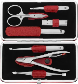 ZWILLING TWINOX Manicure Premium Care Set, 7 pieces, Asian Competence, Leather, Gift Set, Red